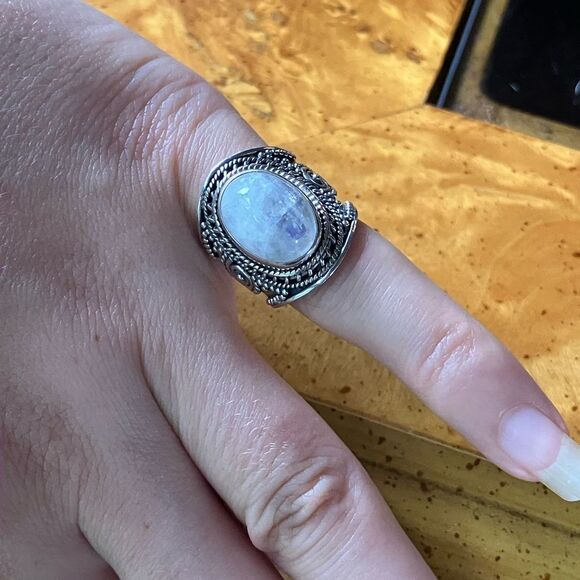 Natural Rainbow Moonstone Sterling Silver Cocktail Ring Size 5 - Picture 4 of 10